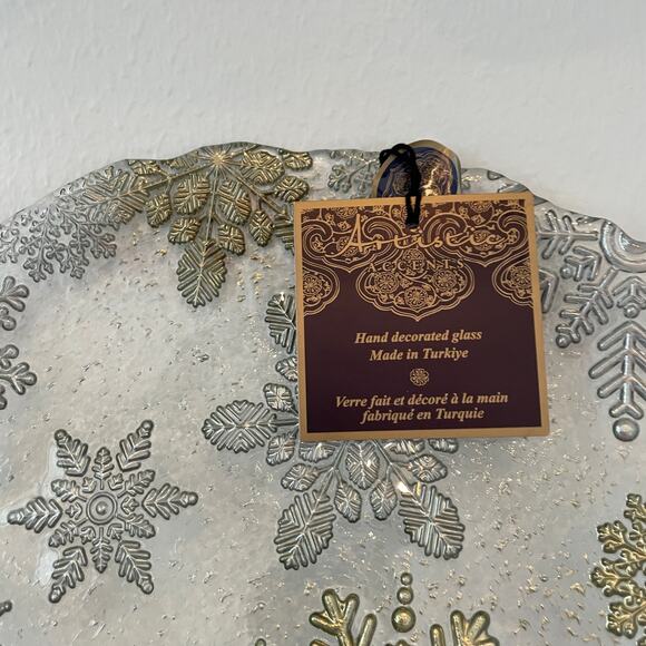 Artistic Accents Turkish Glass Serving Platter 13in Gold Silver Snowflakes NEW - Picture 3 of 11